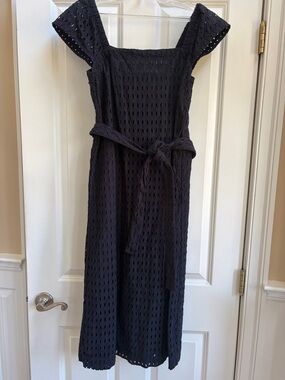 Ann Taylor Navy Eyelet Midi Dress with Tie Waist. Wear on or off the shoulder.